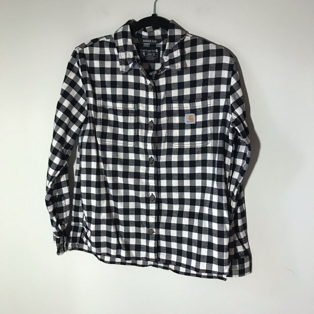 Carhartt womens S black white plaid long sleeve button up flannel loose fit